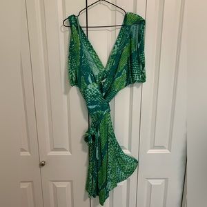Diane Von Furstenberg green tropical wrap dress with a deep v-neck size 6
